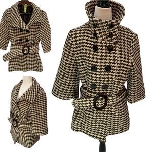 𝅺soia & Kyo Cream/Beige Houndstooth Wool Belted 3/4 Sleeve High Collar Co…